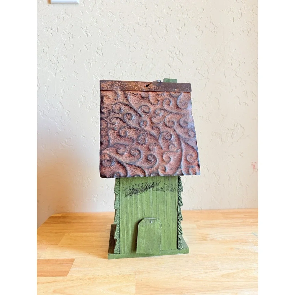 Wooden BirdHouse Metal Roof Wooden Siding Swinging Access Door Rustic Style